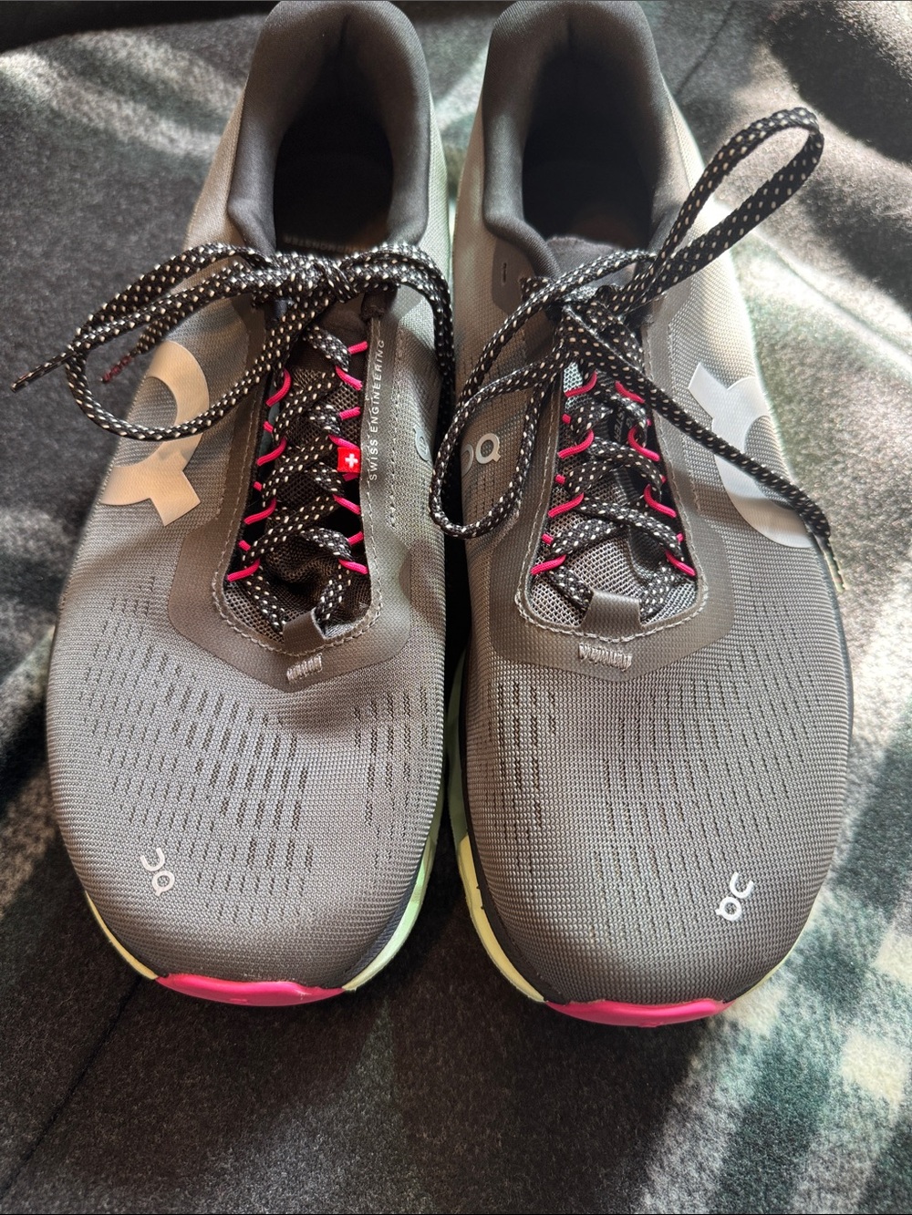 On Running Mens Athletic Sneakers — Gray with Pink Accents